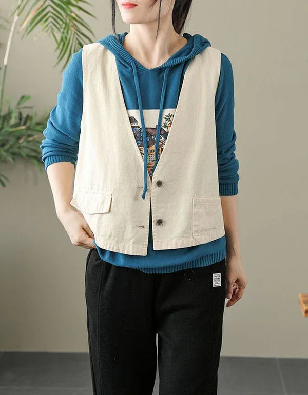 Retro Loose Casual V-Neck Cotton Linen Vest - Islinen