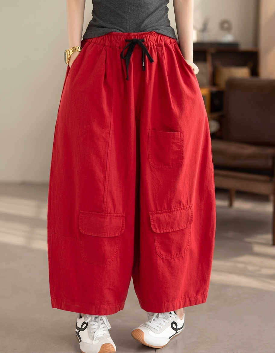 Retro Red Wide-Leg Cargo Trousers | Loose Boho Fit