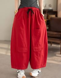 Retro Red Wide-Leg Cargo Trousers | Loose Boho Fit
