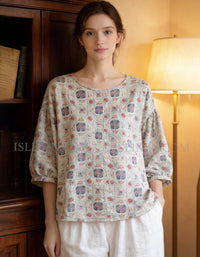 vintage floral linen blouse women loose fit