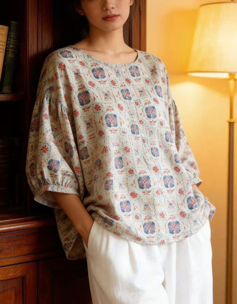 boho floral linen top women casual style