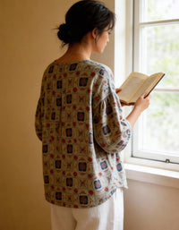 Retro floral linen blouse women back view