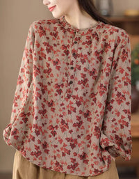 women vintage floral button blouse front view