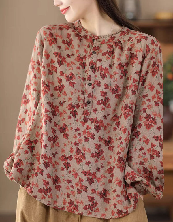 women vintage floral button blouse front view