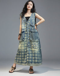 Vintage Patchwork Denim Sleeveless Maxi Dress