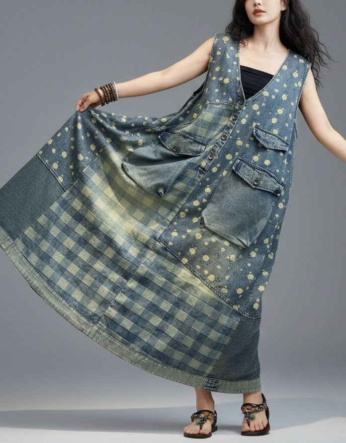 Retro Patchwork Denim Midi Dress for Women