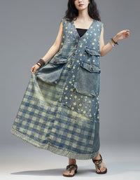Women’s Oversized Denim Plaid Pocket Dress