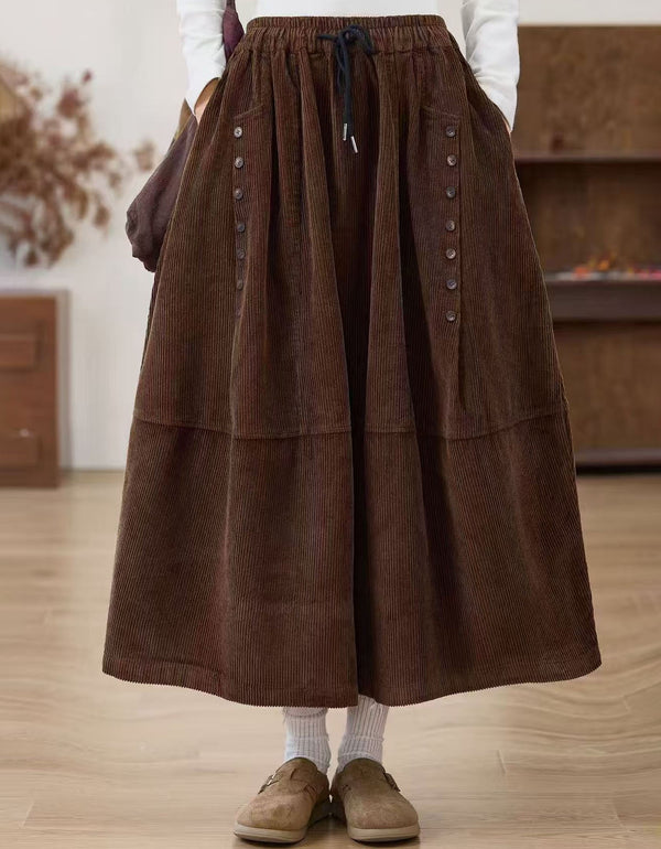Brown corduroy midi skirt for women with button detail and A-line silhouette