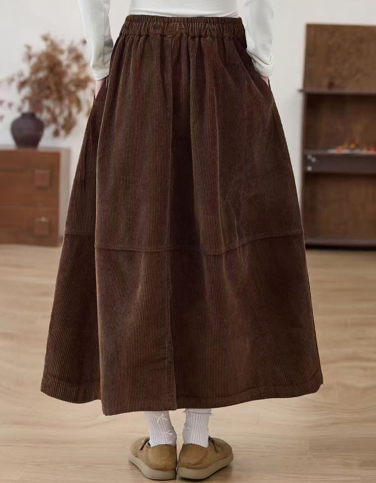 Women’s Vintage Brown Corduroy A-Line Midi Skirt