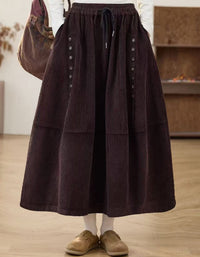 Women’s brown corduroy A-line midi skirt with elastic drawstring waist