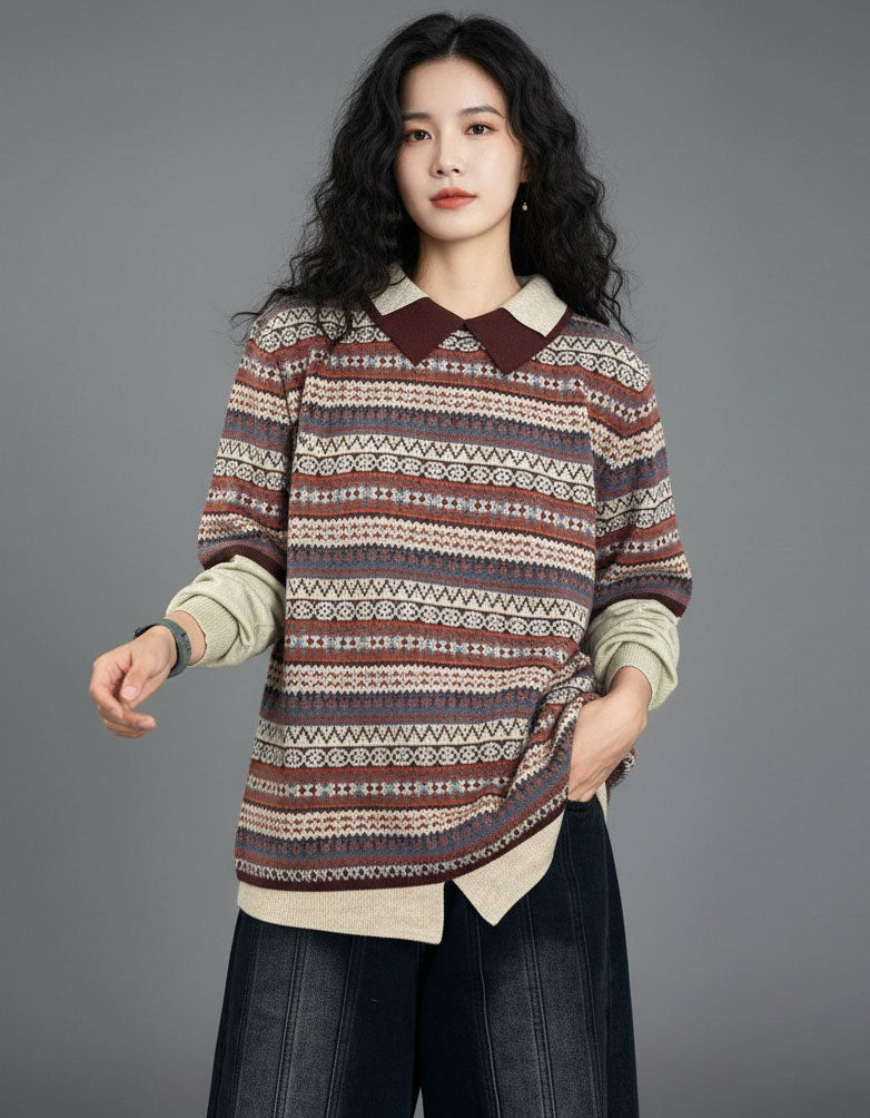 Women's Vintage Striped Pattern Collared Knit Sweater
