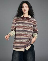 Women's Vintage Striped Pattern Collared Knit Sweater