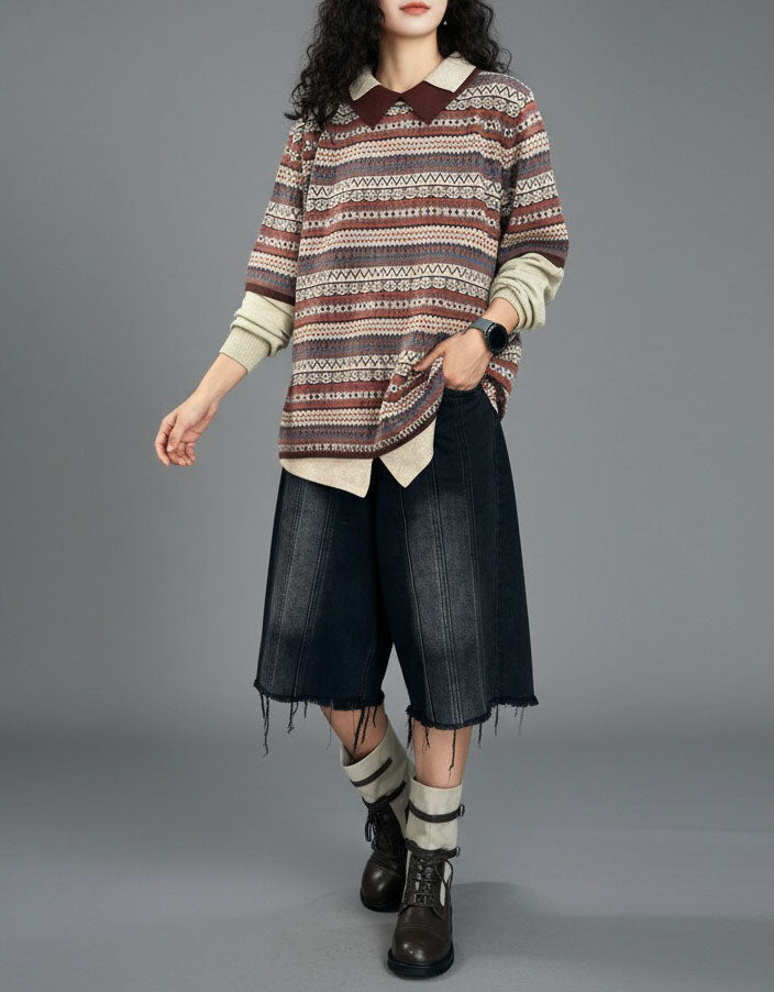 Women's Retro Striped Collared Knit Pullover Sweater