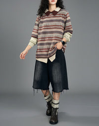 Women's Retro Striped Collared Knit Pullover Sweater
