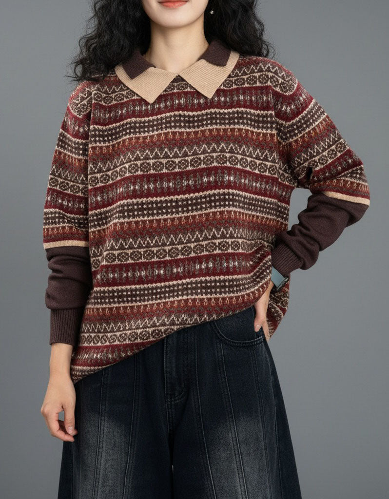 women's retro patterned collared knit sweater