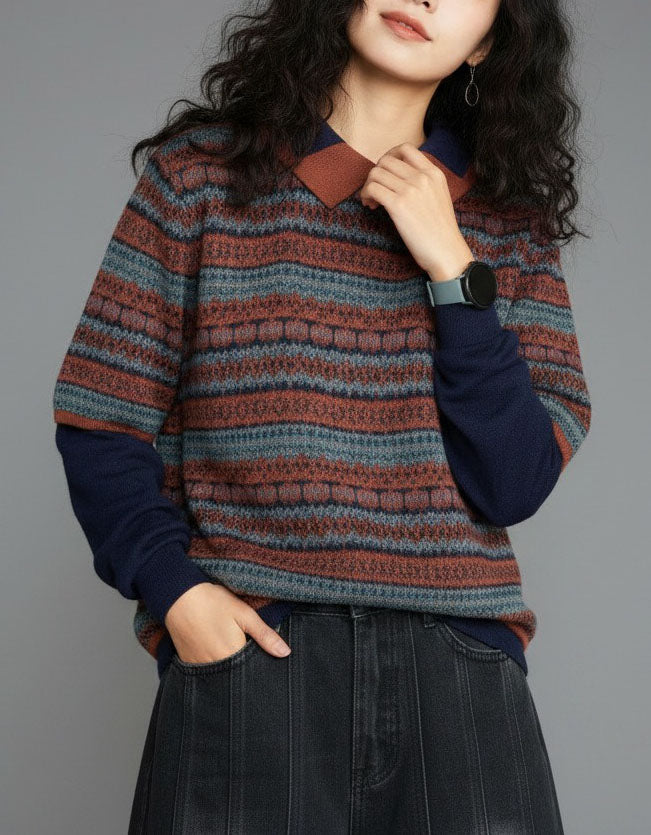 Women's Vintage Geometric Pattern Collared Knit Sweater