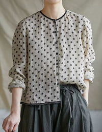 Retro Polka Dot Long Sleeve Casual Linen Shirt
