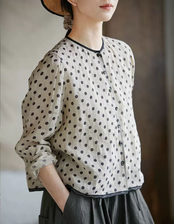 Retro Polka Dot Long Sleeve Casual Linen Shirt