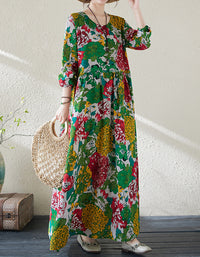 Retro Vibrant Floral Print Cotton Linen Maxi Dress