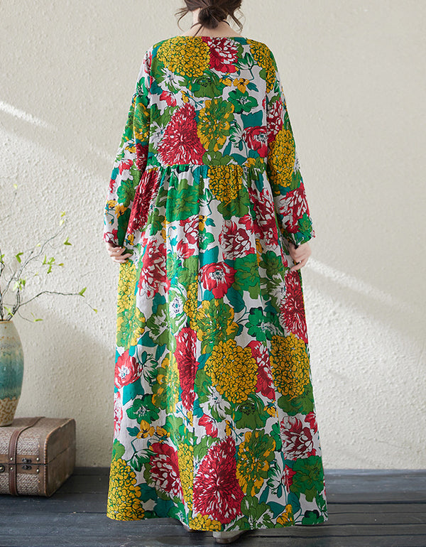 Retro Vibrant Floral Print Cotton Linen Maxi Dress