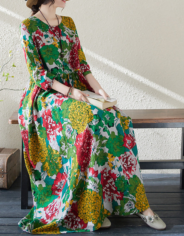 Retro Vibrant Floral Print Cotton Linen Maxi Dress