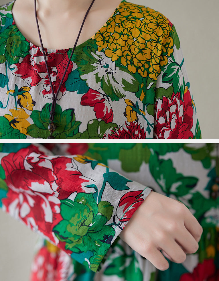 Retro Vibrant Floral Print Cotton Linen Maxi Dress