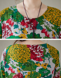 Retro Vibrant Floral Print Cotton Linen Maxi Dress