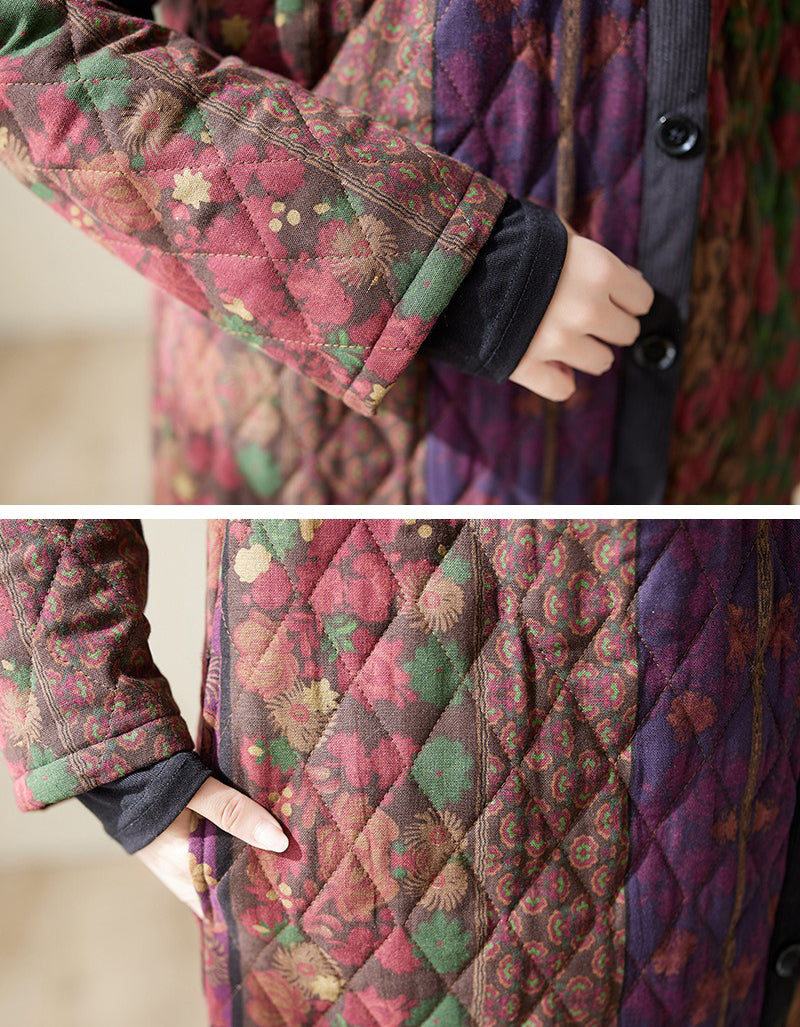 Retro Winter Women's Warm Floral Long Coat