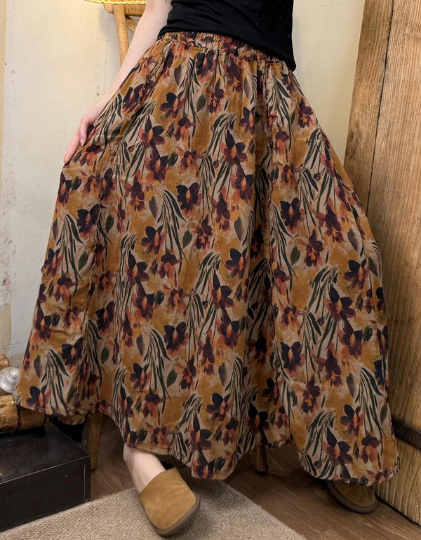 Rustic Elastic Waist Flower Print Skirt