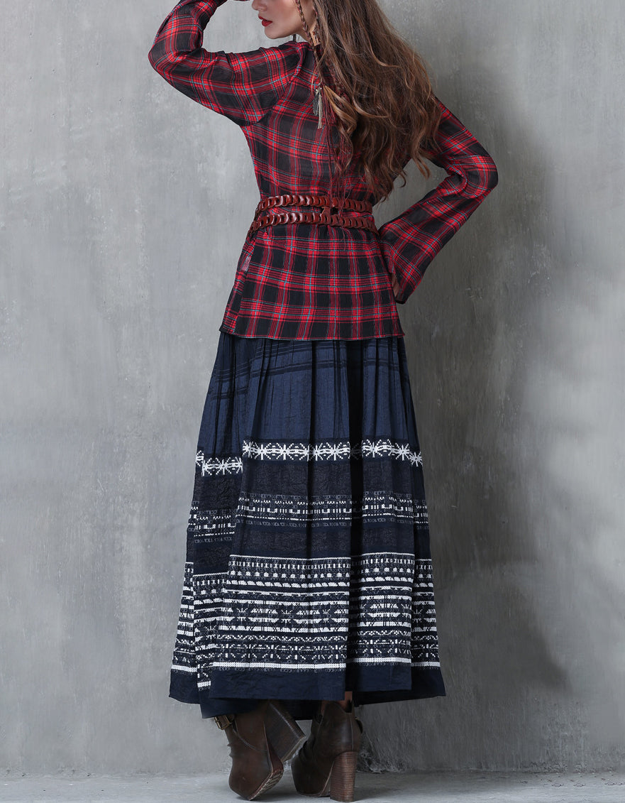 Rustic Folk Style Cotton Linen Maxi Skirt