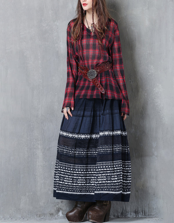 Rustic Folk Style Cotton Linen Maxi Skirt