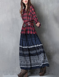 Rustic Folk Style Cotton Linen Maxi Skirt