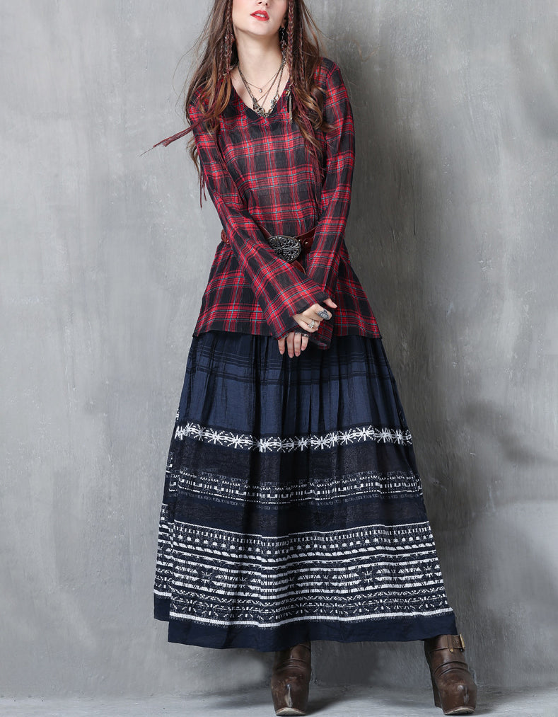 Rustic Folk Style Cotton Linen Maxi Skirt