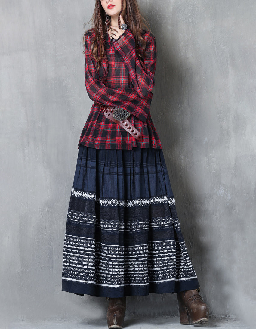 Rustic Folk Style Cotton Linen Maxi Skirt