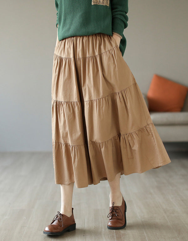 Rustic Prairie Style High-Waist Tiered Cotton Linen Skirt