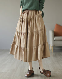 Rustic Prairie Style High-Waist Tiered Cotton Linen Skirt