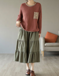 Rustic Prairie Style High-Waist Tiered Cotton Linen Skirt
