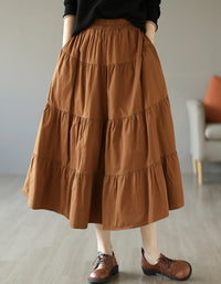 Rustic Prairie Style High-Waist Tiered Cotton Linen Skirt