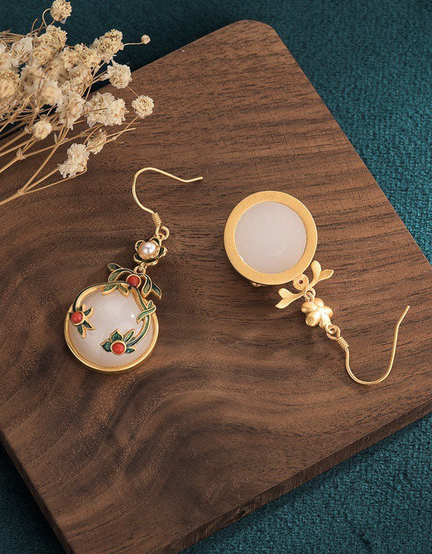 Silver Inlaid Pendant Imitation Jade Drop Earrings