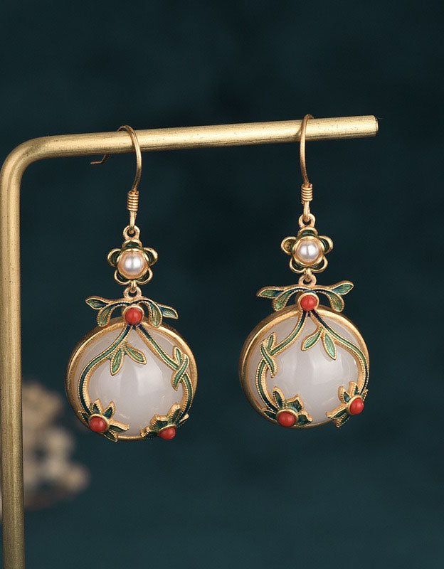 Silver Inlaid Pendant Imitation Jade Drop Earrings