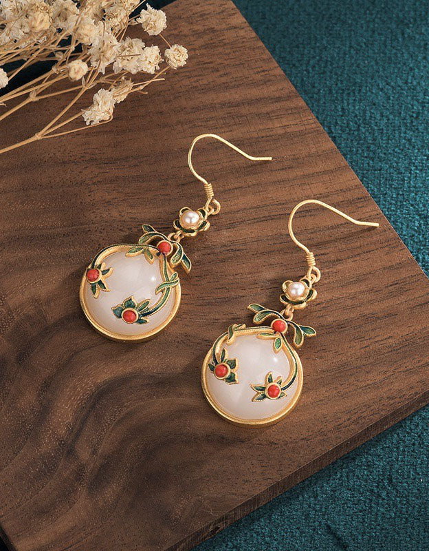 Silver Inlaid Pendant Imitation Jade Drop Earrings