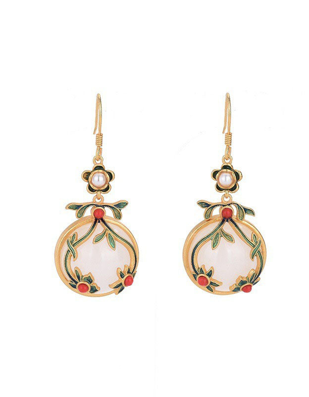Silver Inlaid Pendant Imitation Jade Drop Earrings