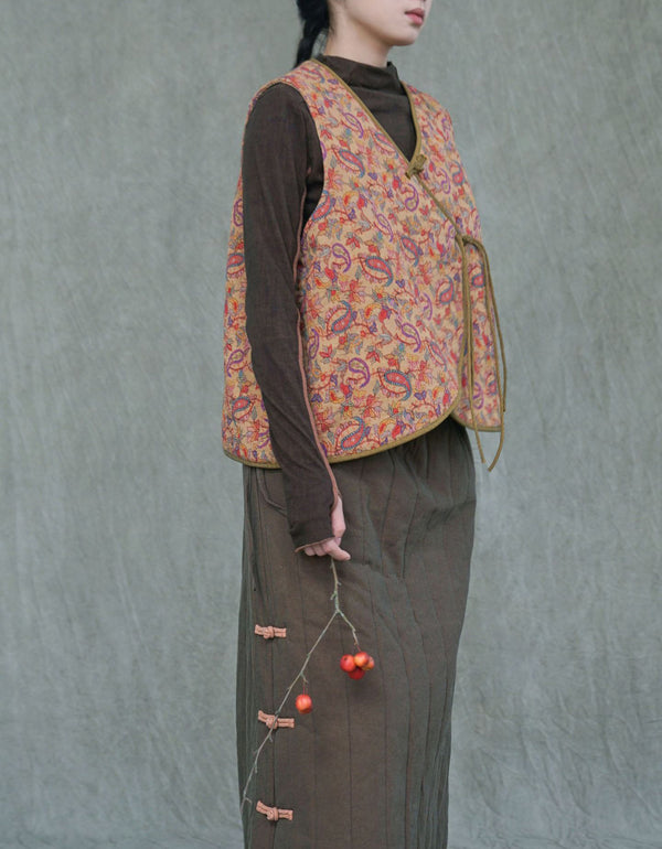 Slant-Breasted Loose Vintage Floral Cotton Vest