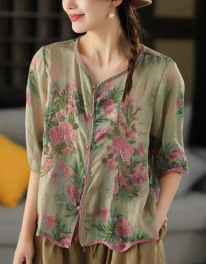 Soft Casual Floral Button-Up Linen Shirt - Islinen