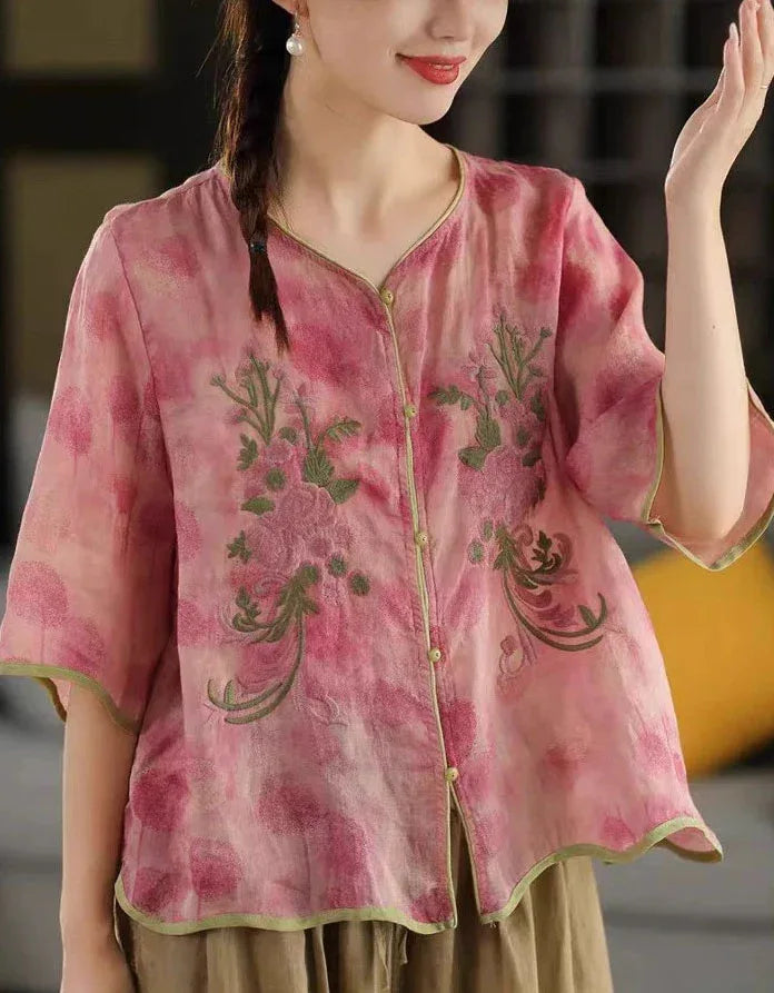 Soft Casual Floral Button-Up Linen Shirt - Islinen