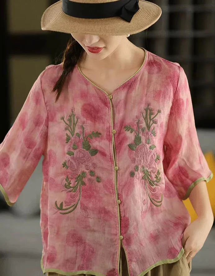 Soft Casual Floral Button-Up Linen Shirt - Islinen