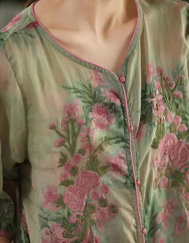 Soft Casual Floral Button-Up Linen Shirt - Islinen