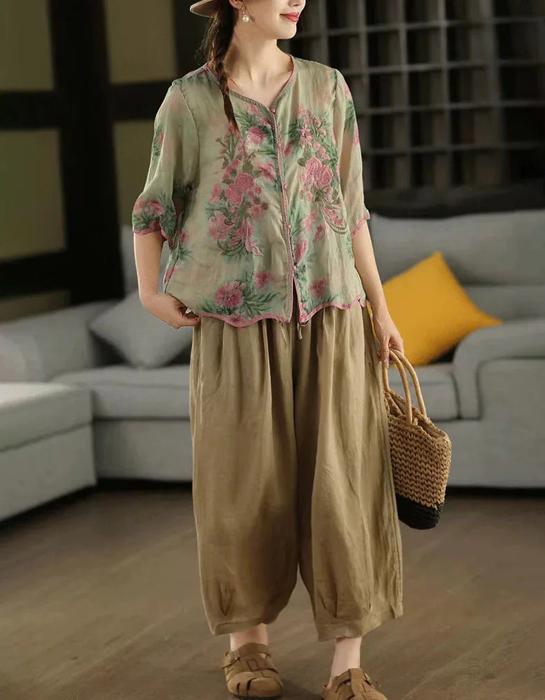 Soft Casual Floral Button-Up Linen Shirt - Islinen