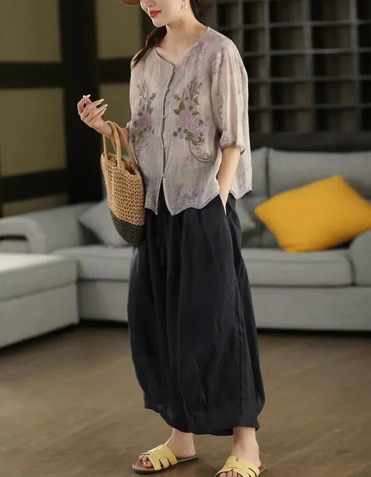 Soft Casual Floral Button-Up Linen Shirt - Islinen