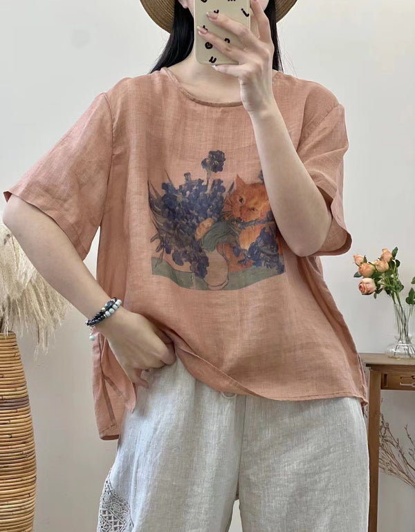 Soft Comfortable Floral Cat Print Cotton T-Shirt